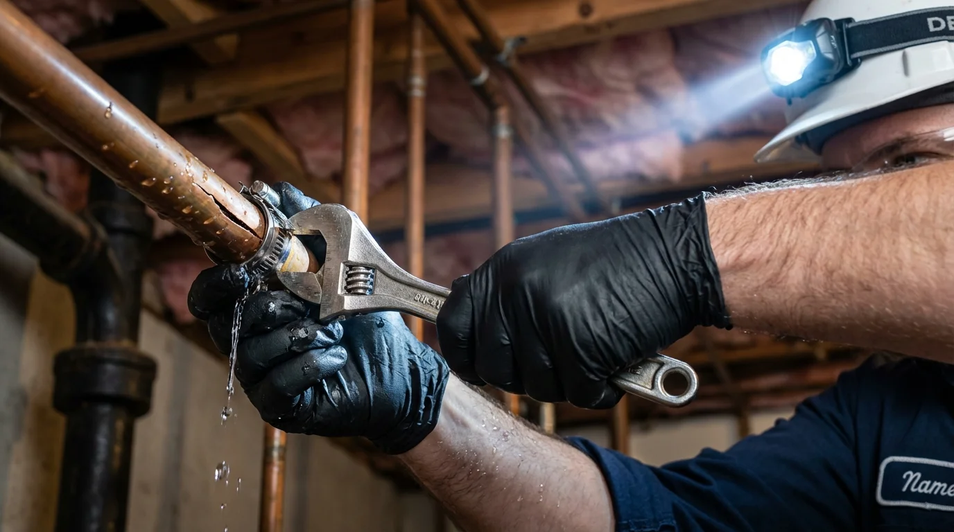 Emergency pipe clamp repair being performed by a Johns Plumbing LLC plumber in Pleasant Ridge