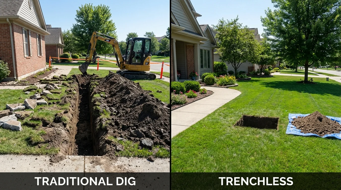 Trenchless sewer repair with minimal yard damage versus traditional excavation in Pleasant Ridge, MI