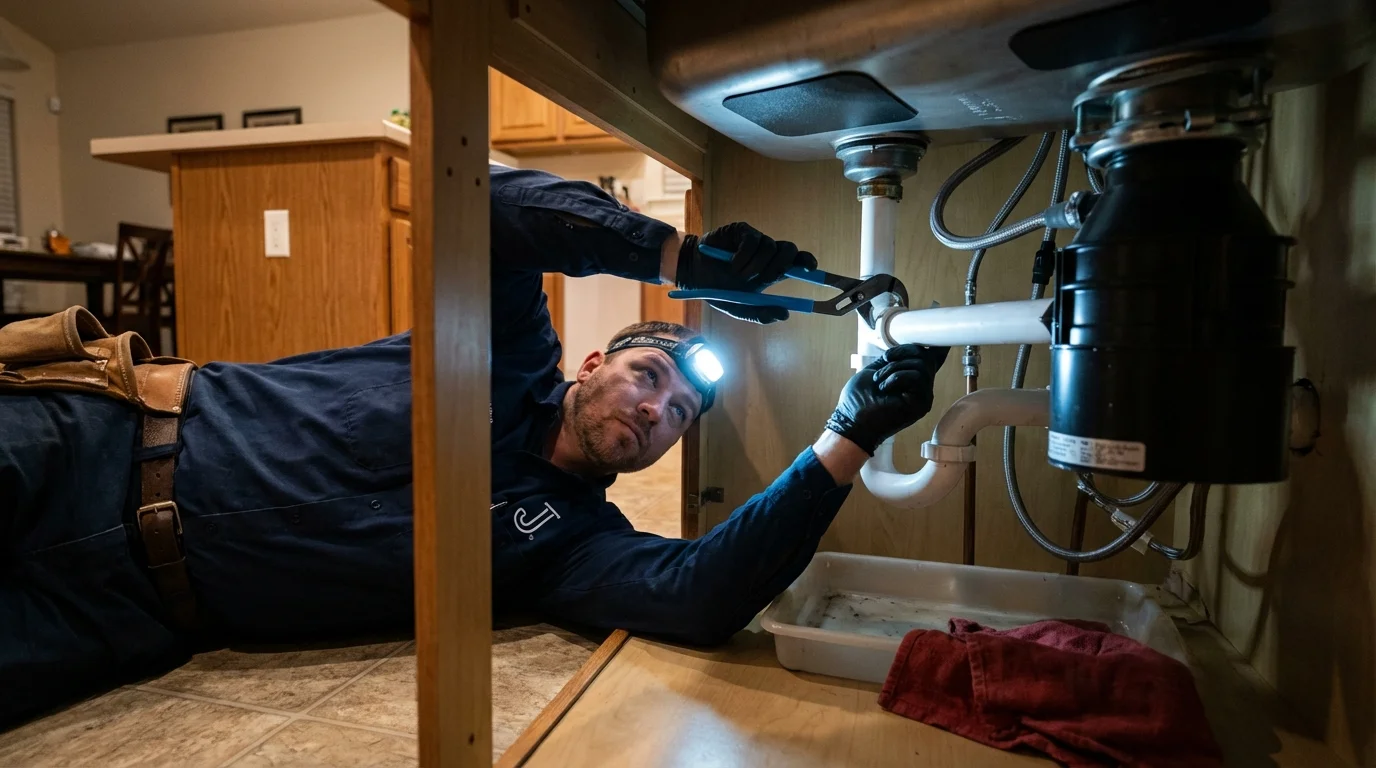 P-trap and supply line connections under a kitchen sink showing a common leak point in Pleasant Ridge, MI